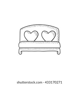 Heart shaped pillows on bed vector sketch icon isolated on background. Hand drawn Heart shaped pillows on bed icon. Heart shaped pillows on bed sketch icon for infographic, website or app.