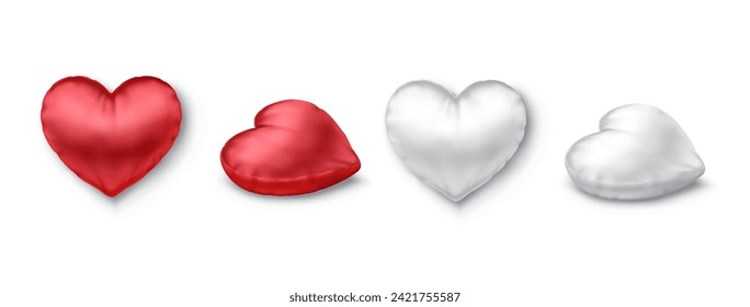 Heart shaped pillows realistic vector illustration set. Cute red and white cushions as affection symbol 3d models on white background. Valentines day