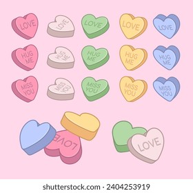 Herzförmige Tabletten, Liebesvitamine. Medizin mit Liebe, vermissen Sie, umarmen Sie mich Text darauf. Cute valentine Illustration.