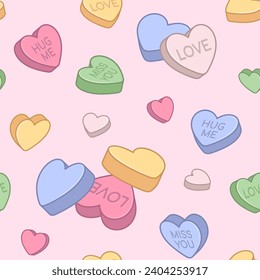 Heart shaped pills seamless pattern, love vitamins background. Medicine with love, miss you, hug me text on it. Cute valentine illustration.