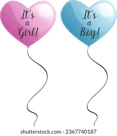 Heart shaped pink and blue balloons with girl or boy text for gender reveal party isolated