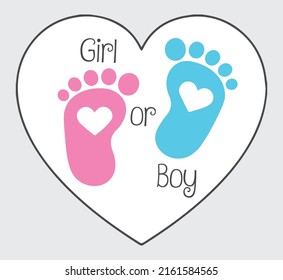 Heart Shaped Pink and Blue Gender Reveal Invitation with Baby Footprint. Girl or Boy?