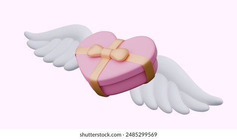 Caja rosa en forma de corazón con dulces. Embalaje romántico con cinta de oro, arco y alas