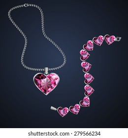 Heart shaped pink diamond jewelery. Necklace and bracelet.