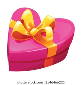 Caja de regalo rosa en forma de corazón con cinta dorada, que simboliza el amor y el afecto por el Día de San Valentín. Vector ilustración de dibujos animados