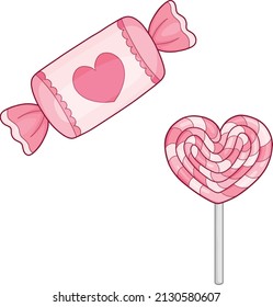 Heart Shaped Pink Lollipop And Candy Or Chocolate, With Valentine Heart Packaging