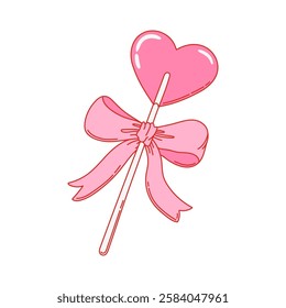 Heart shaped pink lollipop candy with bow. Lollipop on a stick on white background. Valentines day illustration. Vector for celebration Valentine Day, wedding, party, birthday, anniversary etc.