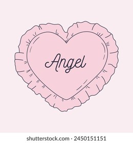 Heart shaped pink pillow with ruffles. Coquette style vintage cushion template for text. Line vector drawing. Pastel color pollowcase