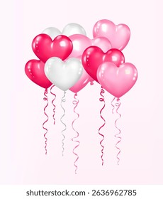 Heart shaped pink and white balloons for love, birthday and party design. Holiday celebration. Valentine's Day decoration. Isolated vector illustration
