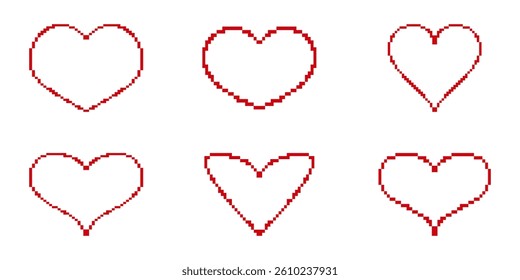 Heart Shaped Pixelated Icon Set. Pixel Art Symbol Collection Of Heart Shapes And Designs. Isolated Vector Illustration.
