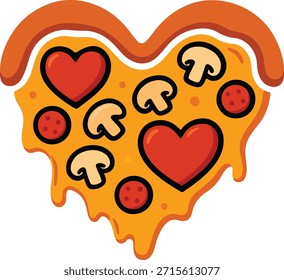 Corazón en forma de pizza Vector de dibujos animados Cute Melting Cheese Food Illustration