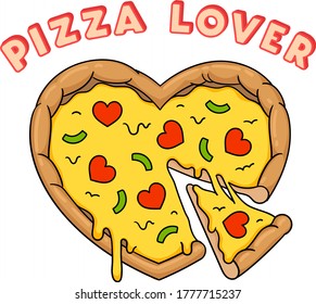 Heart shaped pizza with cutted off slice and melted cheese. Vector illustration isolated on white