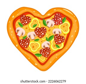 Heart shaped pizza with salami, basil leaves, mushrooms and pepper. Concept for Valentines day romantic menu. Pizza delivery icon design for holiday. Isolated on white background. Vector illustration.