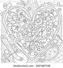 
Heart shaped pizza with shrimps.Coloring book antistress for children and adults. Illustration isolated on white background.Zen-tangle style. Hand draw