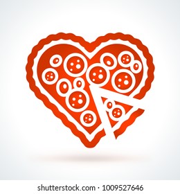 Heart shaped pizza. St. Valentines Day vector design element. Love, wedding or dating romantic decorative symbol