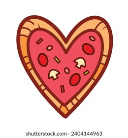 Heart shaped pizza with tomato paste, mushroom, pepperoni colored vector illustration icon outlined isolated on white square background. Simple flat minimalist art styled cartoon food drawing.