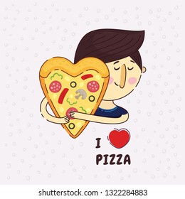 Heart shaped pizza vector illustration. A man passionately lovingly embraces pizza. Phrase I love pizza.Icon logo design element. True love. Pizza lover. Hugging.