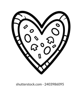 Herzförmige Pizza, Vektorgrafik Symbol mit schwarzer Umrisslinie einzeln auf weißem, quadratischem Hintergrund. Einfache, flache minimalistische Kunstzeichnung mit Valentine und Liebesthema.