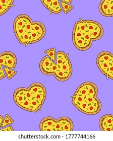 Heart shaped pizzas on lilac background. Vector seamless pattern