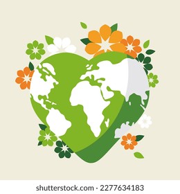 Heart shaped planet Earth. Earth Day vector illustration in flat style. 