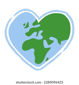 Icono de planeta tierra en forma de corazón. Salven al mundo. Mensaje ambiental ecológico. Amor. Mapa centrado en África y Europa.