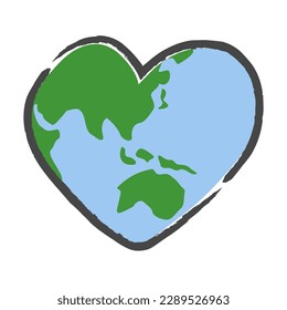 Heart shaped planet earth icon. Save the world. Eco friendly environmental message. Love. Map centered in Australia and East Asia.