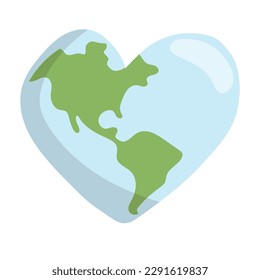 Heart shaped planet earth icon. Save the world. Eco friendly environmental message. Love. Map centered in America.