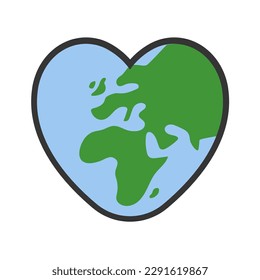Heart shaped planet earth icon. Save the world. Eco friendly environmental message. Love. Map centered in Africa and Europe.