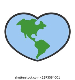 Heart shaped planet earth icon. Save the world. Eco friendly environmental message. Love. Map centered in America.