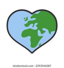 Heart shaped planet earth icon. Save the world. Eco friendly environmental message. Love. Map centered in Africa and Europe.