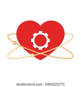 Heart shaped planet with gear in the middle. Orbit with sparkling stars. Celestial body. Romantic concept emblem. Symbol of unity, love universe. Design for valentine, wedding, greeting card.