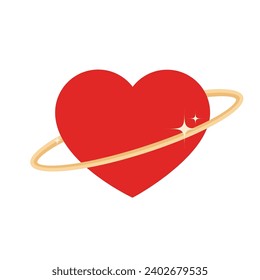 Heart shaped planet. Orbit with sparkling stars. Celestial body. Romantic concept emblem. Symbol of unity, love universe. Vector design for valentine card, greeting, wedding invitation.