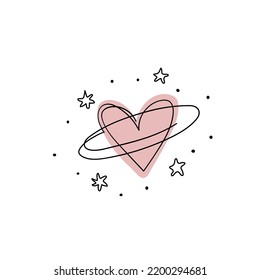 Heart shaped planet with stars, endless hand drawing. Linear icon on white background, concept of self love, help and support, family. Flat vector illustration isolated on white background.