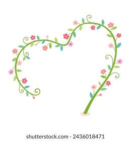 Heart shaped plant arch with cute flowers on white background.