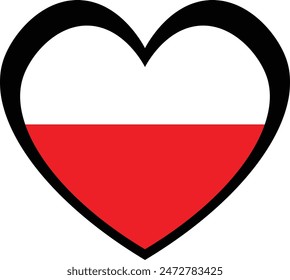 Eine herzförmige polnische Fahne mit Horizontalen weißen und roten Streifen, die Reinheit und Tapferkeit repräsentieren.