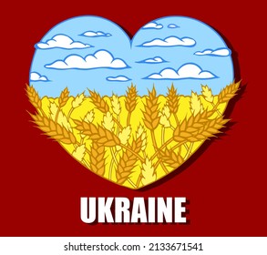 Heart shaped poster Ukraine with blue sky and yellow wheat in doodle style on red background. Sketch drawn field, Ukrainian national flag, love and peace, line art patriotic card. Vector illustration.