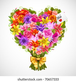 heart shaped posy of tender flowers with golden bow