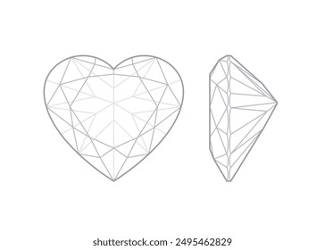 Heart shaped precious gemstone top and side views. Outline icon with editable stroke. Vector illustration isolated on white background. Wealth and romance concept. For web, app, interface, design 