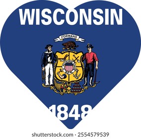 Heart shaped printable vector flag of the United States of America federal state of WISCONSIN