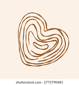 Heart shaped puff pastry bun sketch. Sweet bakery dessert illustration for cafe menus, patisserie branding. French puff pastry.