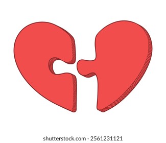 Heart shaped puzzle. Compatibility between man and woman. Two halves of a heart as puzzle pieces. Love concept 