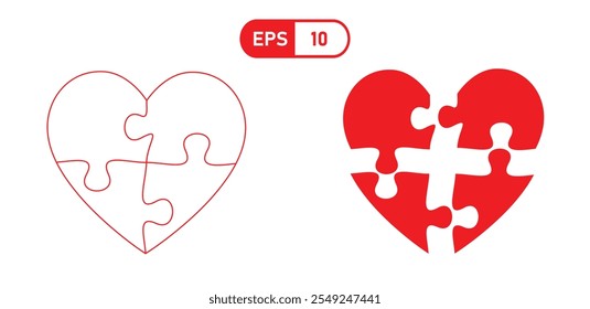 Piezas de rompecabezas en forma de corazón en rojo, que simbolizan el amor y la conexión.La Imagen presenta una versión tanto delineada como llena, destacando el concepto de unidad y relaciones.