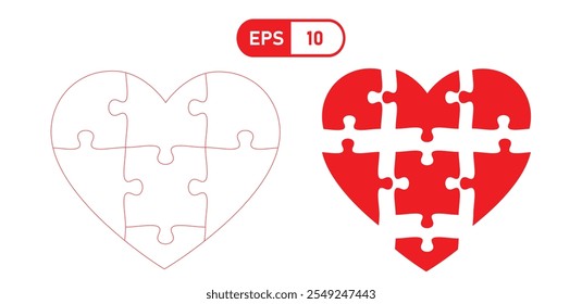 Heart shaped puzzle pieces in red and black, symbolizing love and connection. design is simple and creative, perfect for themes of relationships and unity.