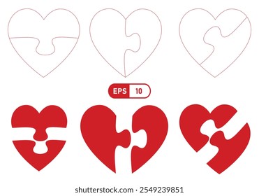 Heart shaped puzzle pieces in various configurations, showcasing love and connection. designs are simple yet expressive, can adjustable and editable, EPS 10 format.