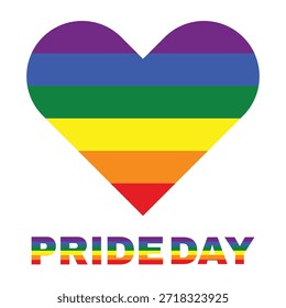 Bandera del orgullo arcoíris en forma de corazón con texto del Día del Orgullo, símbolo de igualdad, diversidad e inclusión LGBTQ+.