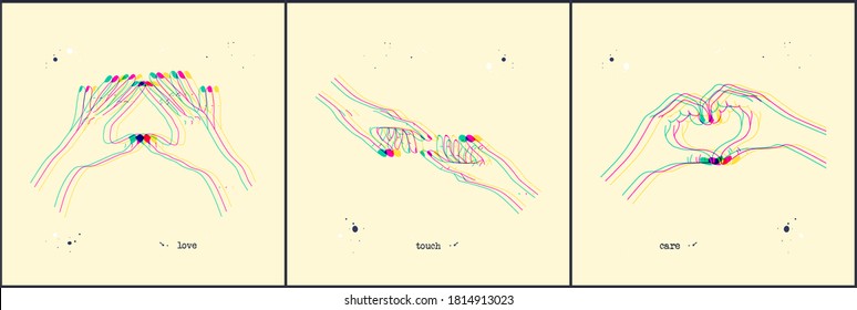 El corazón forma y llega a las manos. Gesto vectorial esterooscópico, símbolo de amor y caridad. Fondo romántico con efecto estéreo 3D. Ilustración de ajuste con lenguaje corporal para impresiones, diseño