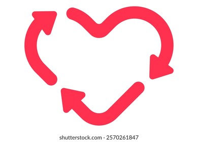 Heart shaped recycling, symbolizes Eternal Love and sustainability, minimal design in cute vector style for Valentine's Day, romance, affection concepts, isolated icon on white background