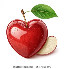 heart shaped red apple with green leaf  isolated on a white background. Vector illustration.