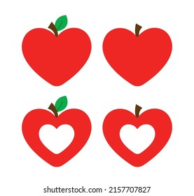 Manzana roja en forma de corazón con logotipo de icono de hoja y tallo