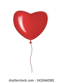 Heart shaped red balloon isolated on white background, realistic vector illustration. Blank mockup for design.